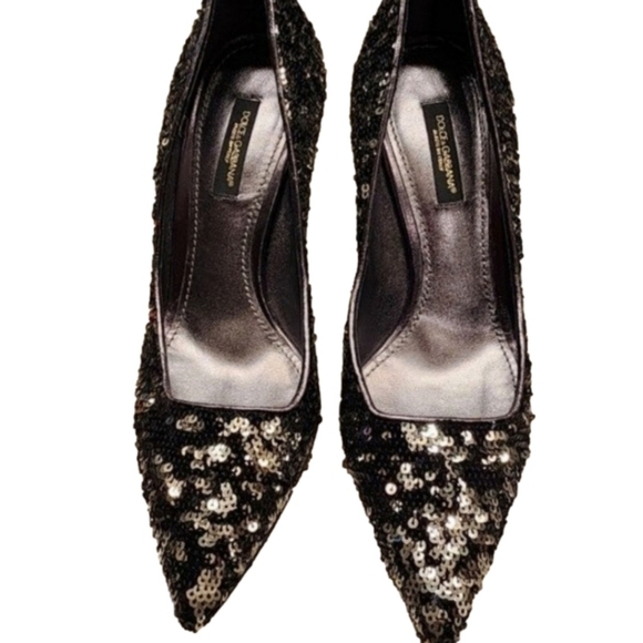 DOLCE & GABBANA Sequin Embellished silver black Kitten heel Pumps 36 pointed - Picture 1 of 15